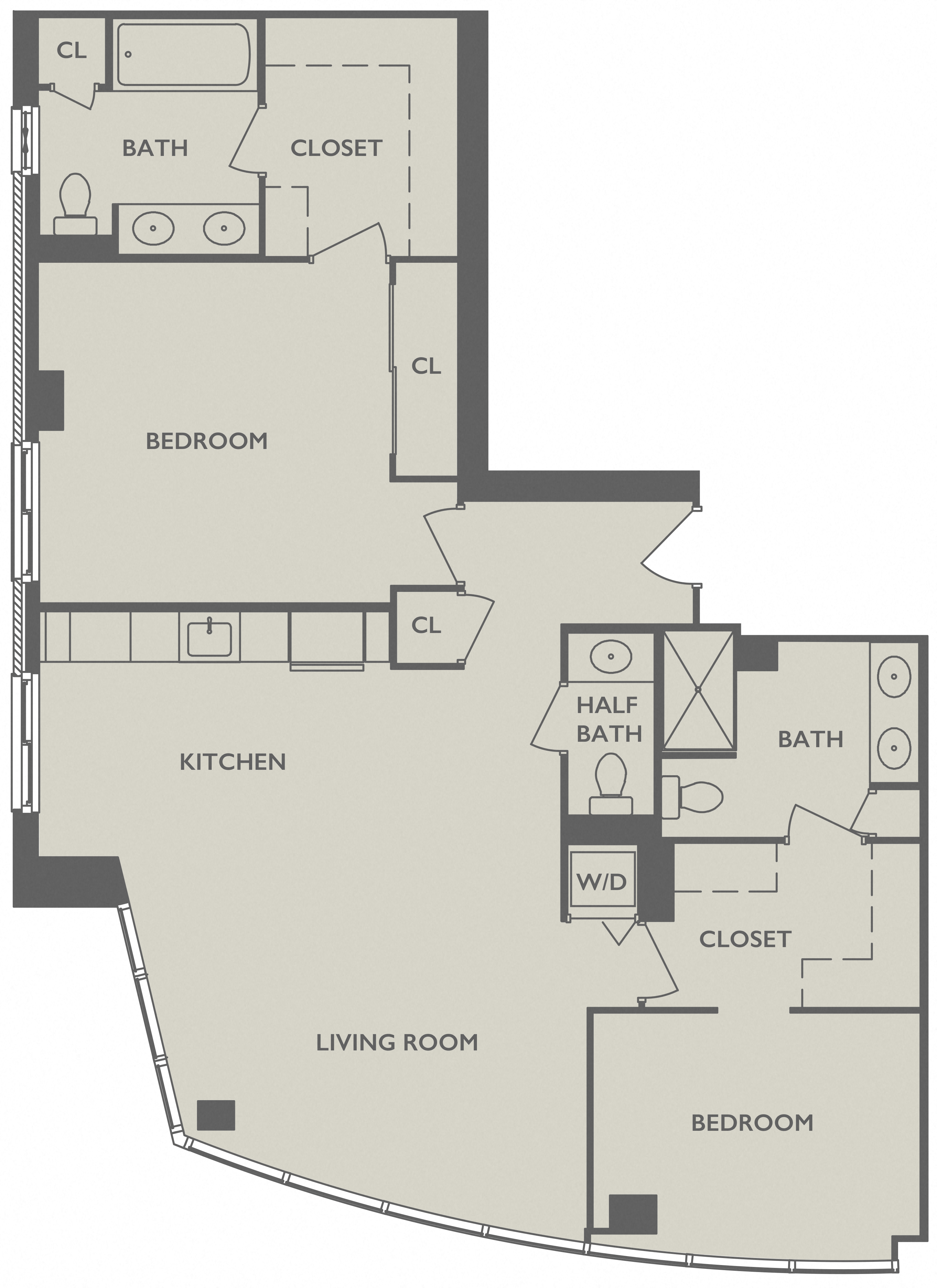 Floor plan for 2 beds, 2.5 baths, 1600 sqft